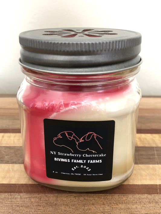 Handcrafted 8 oz Mason Jar NY Strawberry Cheesecake Soy Candle