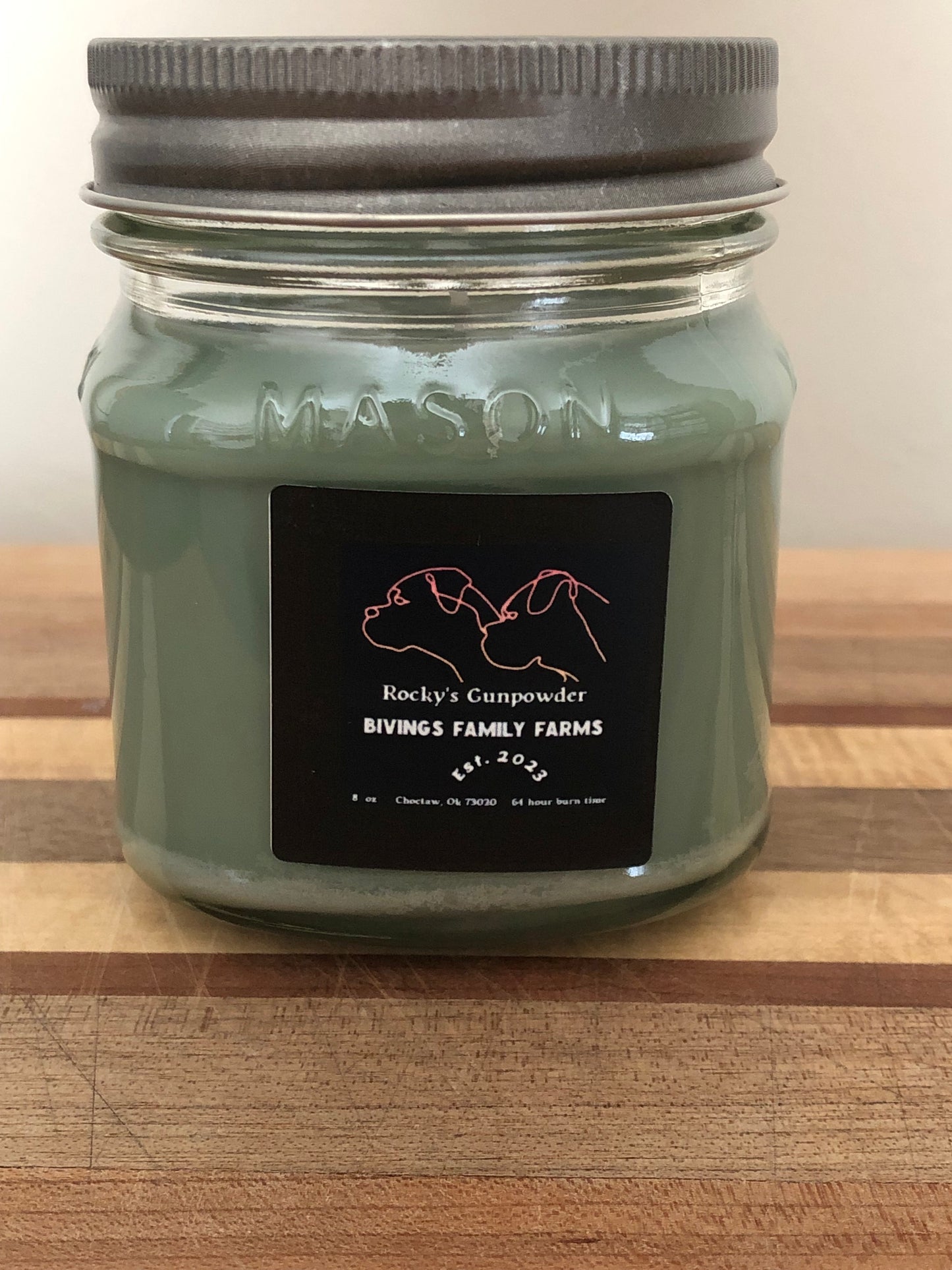 Handcrafted 8 oz Mason Jar Rocky's Gunpowder Natural Soy Candle