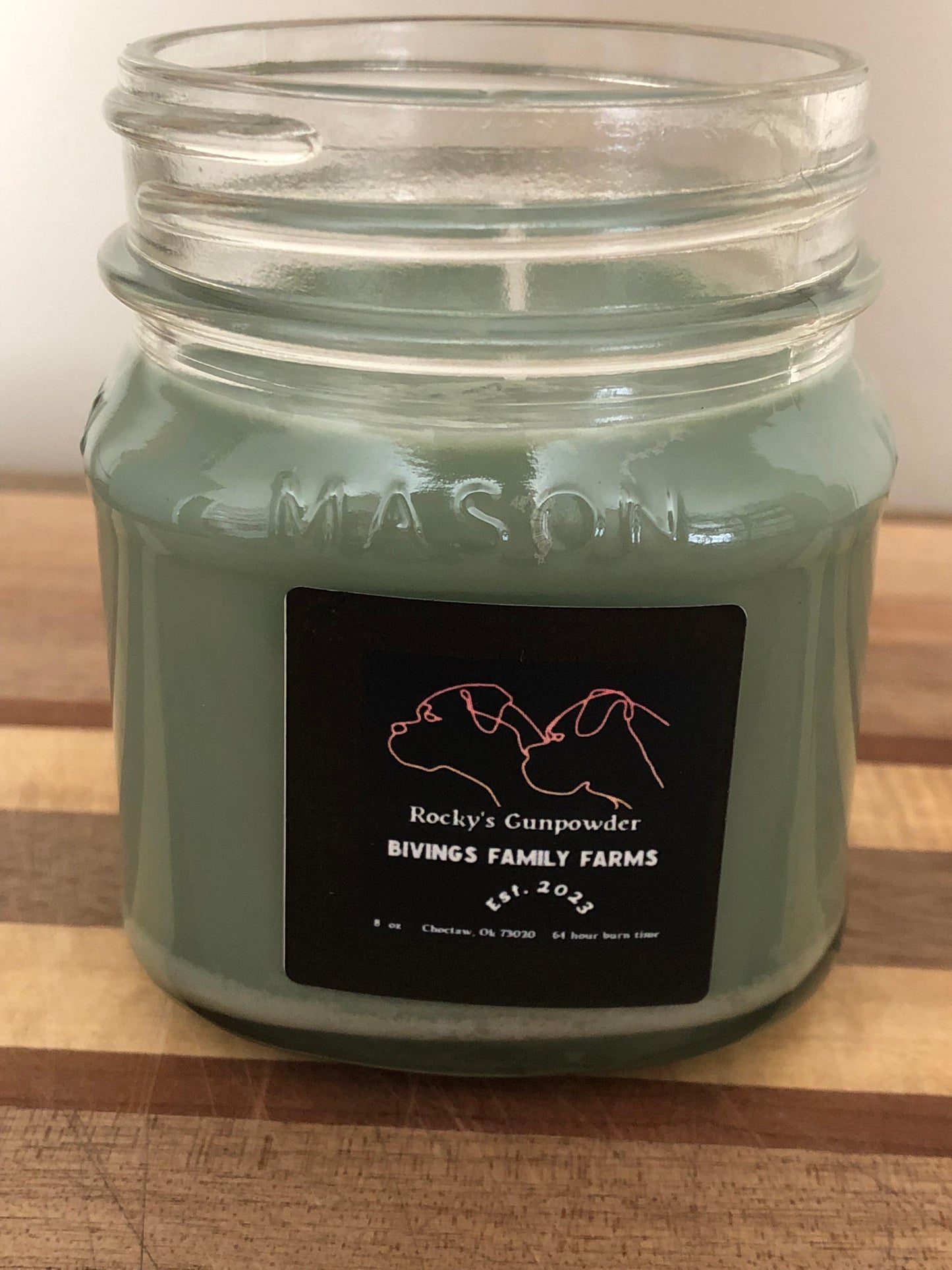 Handcrafted 8 oz Mason Jar Rocky's Gunpowder Natural Soy Candle