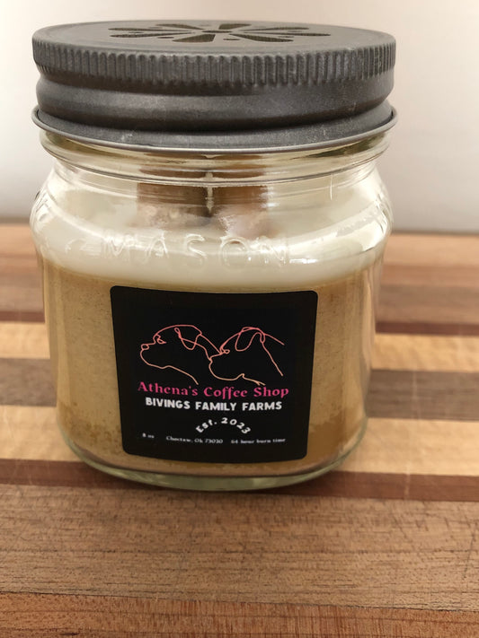 Handcrafted 8 oz Mason Jar Athena's Coffee Shop Soy Candle
